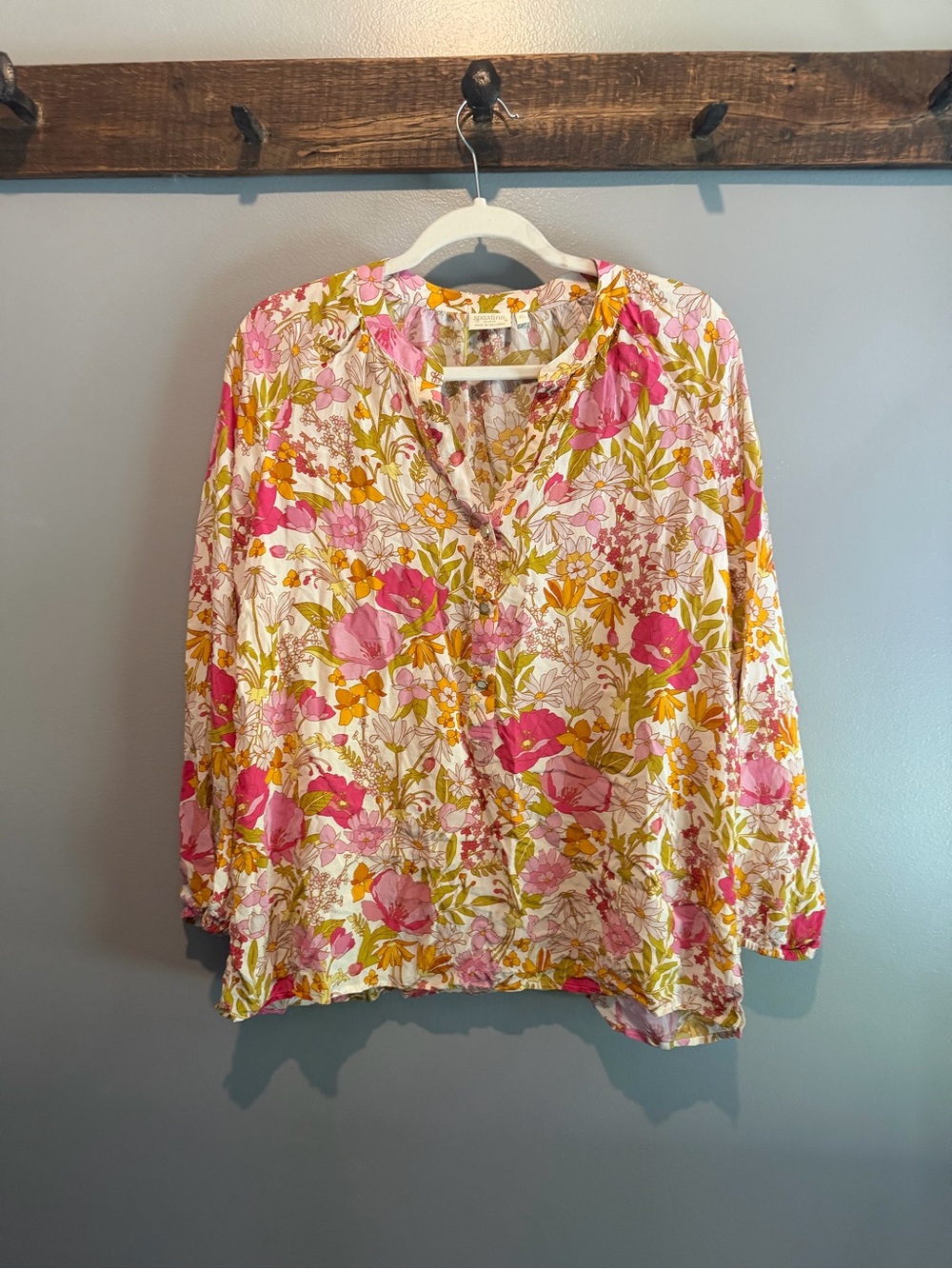 Spartina 449 Pink & Yellow Floral Split-Neck Peasant Blouse